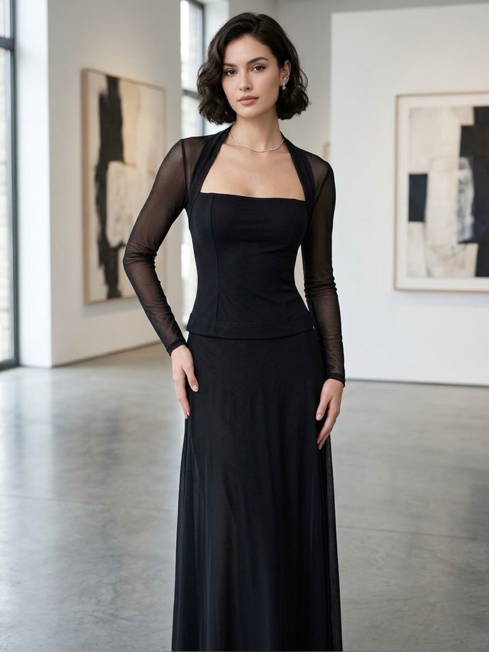 Tadashi Vintage Black Mesh Overlay Maxi Dress Size 8